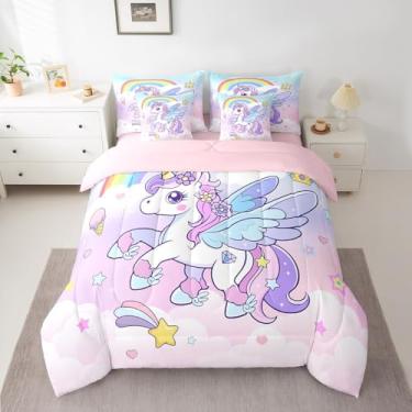 Imagem de Jogo de cama casal de unicórnio fofo com glitter, 7 peças, para crianças, meninos, animais fofos, com lençóis, fronhas e fronhas, decoração macia de quarto de fada