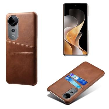 Imagem de Capas Compatível com VIVO S19 PRO 5G,Caso de couro PU-Tampa de telefone a prova de choque com 2 slots de cartão,Proteção anti-impressão digital e anti-gota-Brown