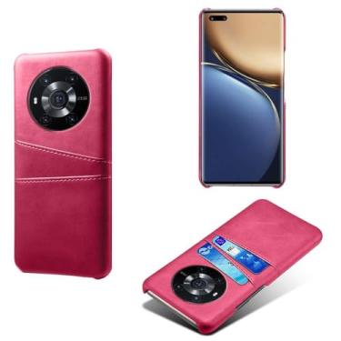 Imagem de Capas Compatível com Honor Magic3,Caso de couro PU-Tampa de telefone a prova de choque com 2 slots de cartão,Proteção anti-impressão digital e anti-gota-Rose Red