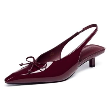 Imagem de Coutgo Sapato social feminino Slingback Kitten de salto baixo fechado bico fino gravata borboleta sem cadarço para trabalho de escritório, Vermelho escuro, 40