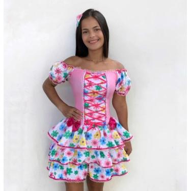 Imagem de Vestido Moda Caipira Encantado Rosa Luxo Com Laço Infantil Adulto Danç
