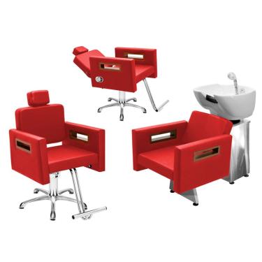 Imagem de Kit Salão de Beleza 1 Cadeira Fixa + 1 Reclinável Estrela + 1 Lavatório Base Inox Tunísia