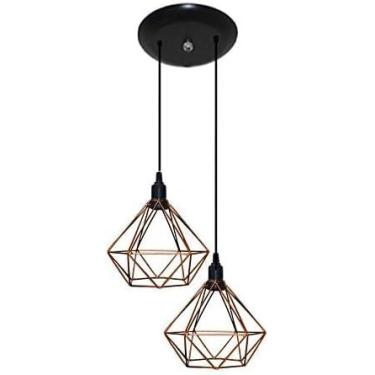 Imagem de Luminária Pendente Aramado Modelo Diamante Duplo - 02 Juntos na mesma Canopla (Rose Com Fio Preto)