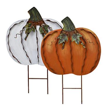 Imagem de Estacas de jardim de abóbora de metal - Placas decorativas de jardim de outono - Estaca de flores para plantas ao ar livre para ambientes internos ornamentos de gramado decoração de abóbora para colheita Halloween (44,5 cm-A+B)