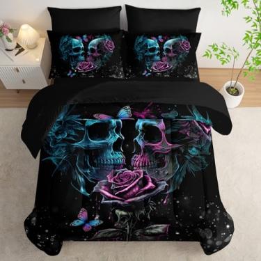 Imagem de AILONEN Jogo de edredom solteiro de caveira de açúcar, cama macia em uma bolsa, 7 peças, casal de caveira rosa, preto, lençol de cima, 2 fronhas, 2 fronhas para quarto