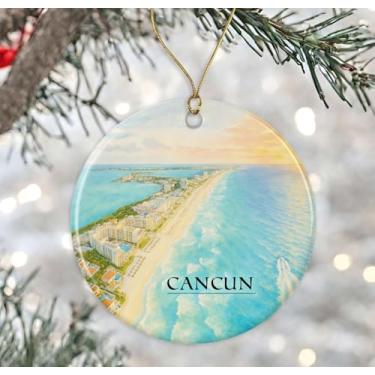 Imagem de Ornamento em aquarela Cancun México - Lembrança de Natal de cerâmica - Aniversário de lua de mel - Lembrança de viagem - Presente de inauguração de casa - Presente para amantes de Cancun impresso em