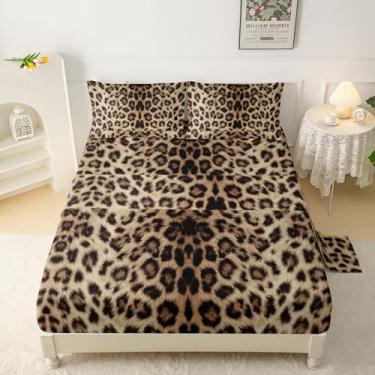 Imagem de QOOMO Jogo de lençol infantil casal com estampa de leopardo, guepardo, 40,6 cm, estampa animal, marrom, macio e respirável para meninos/meninas/crianças/adolescentes