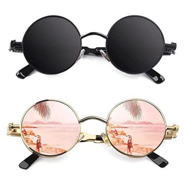 Imagem de CGID Óculos de sol E72 retrô estilo Steampunk com círculo de metal redondo polarizado para mulheres e homens, Steampunk retrô preto-cinza e dourado rosa, Medium