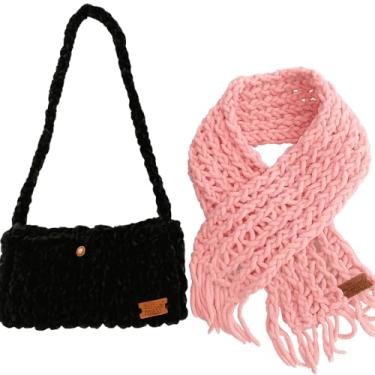 Imagem de Kit com Bolsa de Crochê, Alça Longa Preta e Cachecol Rosa Feminino Infantil Envio 24 Horas