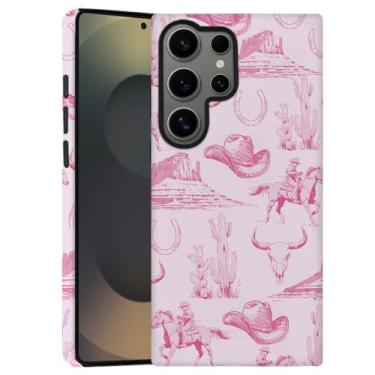 Imagem de DAIZAG Capa para Samsung Galaxy S25 Ultra, capa de telefone vintage rosa chapéu de cowboy cavalos cactos capa de proteção durável de camada dupla para mulheres meninas