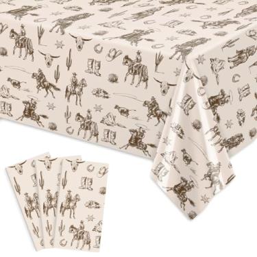 Imagem de FYSUIMU Toalha de mesa retangular caubói ocidental marrom selvagem rodeio de plástico toalha de mesa descartável para festa temática de aniversário, 137 x 272 cm