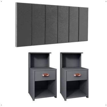 Imagem de Kit 2 Mesinhas Cléo Retrô Nicho Gaveta Puxador Lauren Cabeceira Suspensa Modular Júlia Box Casal Queen 1,60 Quarto - RPM