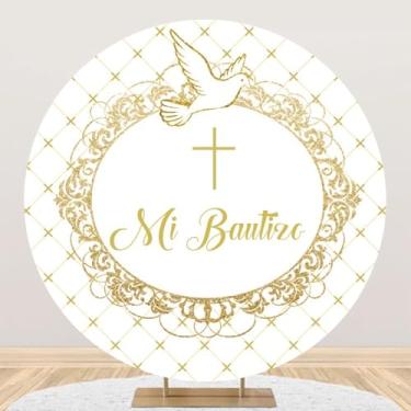 Imagem de Yeele Fundo redondo Mi Bautizo 2,2 x 2,2 m, cruz de pomba branca e dourada, batismo, batismo, primeira comunhão, fundo fotográfico para chá de bebê recém-nascido, suprimentos para eventos de batizado