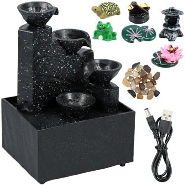 Imagem de PoDhey Decoração de cachoeira de mesa relaxante meditação fonte de mesa com luz decorativa criativa ornamentos de água corrente reutilizável fonte de mesa paisagem com ornamentos de resina para quarto