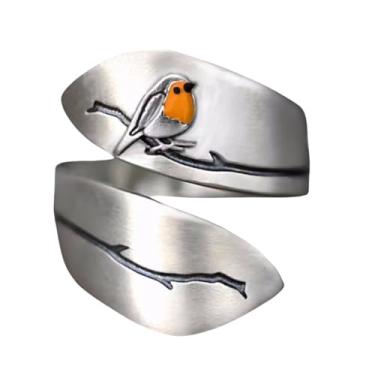 Imagem de BlingNook Anel delicado de polegar de prata grosso, vintage banhado em forma de pássaro, anel de dedo feminino delicado, ajustável, fofo, joias, compromisso, presente para mãe, aniversário, Prata, Sem