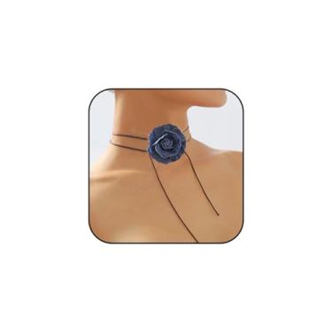 Imagem de WCRAZYE Colar gargantilha de flor jeans, preto e azul, corda de couro, 50 a 61 cm de comprimento, design de nó de laço em camadas, acessórios elegantes de festa, Mediun, Couro, Sem Pedra Preciosa