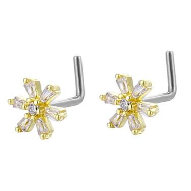 Imagem de Niaspi 2 peças de anéis de nariz de flor 20 g em forma de L aço inoxidável CZ cristal piercing de nariz piercing de narina joias para mulheres, 20g, Aço inoxidável Cristal Cobre, Sem Pedra Preciosa