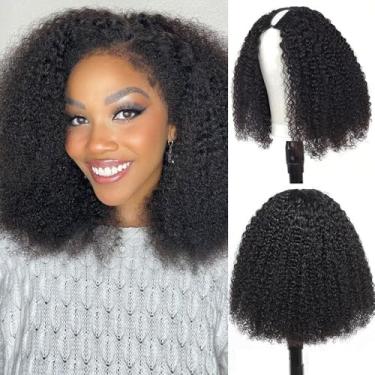 Imagem de Homgoss Peruca De Cabelo Humano Afro Crespo Cacheado Com Parte Em V E Cordão Para Mulheres Negras, Brasileira Sem Renda Frontal, Costura, Folga, Densidade 200%, Cor Natural, Touca Rede Rosa (14")