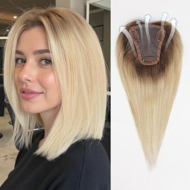 Imagem de starluck Toppers para mulheres cabelo humano real sem franja 8,9 cm x 10,5 cm Base de renda suíça amarrada à mão 30,5 cm 100% Remy para mulheres com cabelo fino (loiro claro)