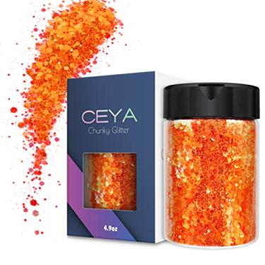 Imagem de Ceya Glitter grosso iridescente de alto brilho, 140 g, laranja fluorescente, purpurina, flocos de opala fina, lantejoulas para unhas, copos, pintura, globo de neve, decoração de Natal