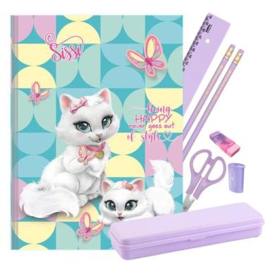 Imagem de Caderno Brochura Capa Dura Sissi Gatinha com Kit Escolar Lilás Pastel 