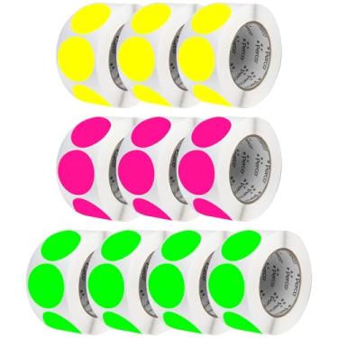 Imagem de Perco Etiquetas adesivas perfuradas de 7,5 cm — 10 rolos, 5.000 adesivos fluorescentes redondos (4 verdes, 3 amarelos, 3 rosas) — com adesivo permanente para caixas de mudança, sinalização de venda