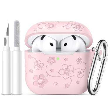 Imagem de Dgege Capa para AirPods 4 (2024), linda capa de flor gravada compatível com Apple Airpods 4, capa protetora completa de silicone macio para AirPods 4 com chaveiro e kit de limpeza para mulheres