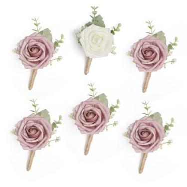 Imagem de Boutonniere ANNKIN Dusty Rose com eucalipto para homens (conjunto de 6
