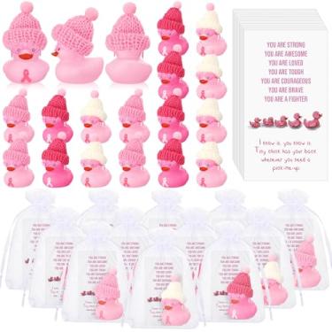 Imagem de Deekin 200 conjuntos de fita rosa pato de borracha presente para o mês do câncer de mama mini patos de borracha com chapéu de óculos com sacos de organza para cartão lembrancinhas de festa em massa