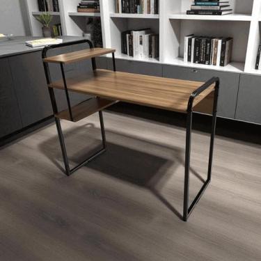 Imagem de Mesa Estante Home Office 2 Prateleiras 95cm Nogal/Preto - Realme