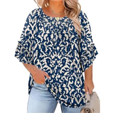 Imagem de Blusa Micoson Plus Size Floral Plissada com babados e manga curta