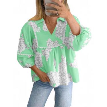 Imagem de Blusa feminina Tankaneo Floral Peplum Babydoll com decote em V verde c