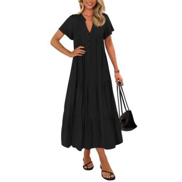 Imagem de Vestido de verão KIRUNDO 2025 com decote em V plissado, solto, preto