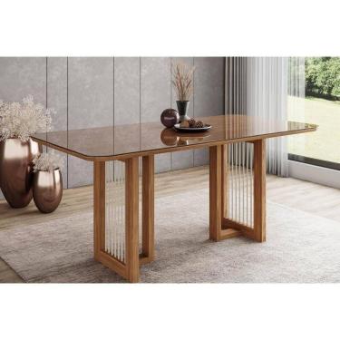 Imagem de Mesa De Sala Jantar Yara Sc79 C/ Tampo Madeirado C/ Vidro Curvo 160x90cm Nature - Henn
