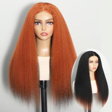 Imagem de Sogram Peruca de cabelo humano liso Yaki sem cola Wear and Go Peruca dupla sem cola, peruca de renda HD transparente 10 x 10 cm, cabelo humano 180% de densidade de 55 cm (laranja e preto)