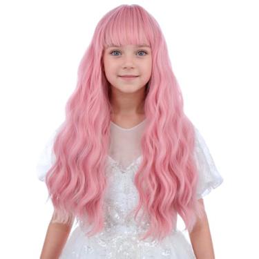 Imagem de WAVELNM Peruca infantil rosa com franja rosa pastel para meninas, peruca longa ondulada encaracolada para crianças, perucas sintéticas para uso diário em festas de Halloween