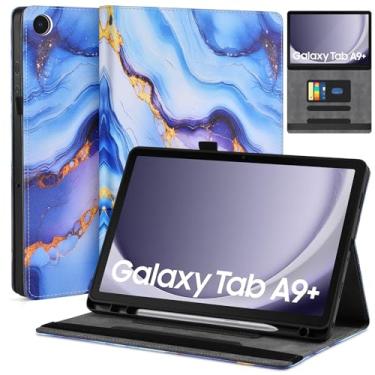 Imagem de DETUOSI Capa protetora para Samsung Galaxy Tab A9+/A9 Plus 27.9 cm 2023 5 g (SM-X210/X216/X218) de couro premium com suporte fólio com suporte para lápis azul mármore