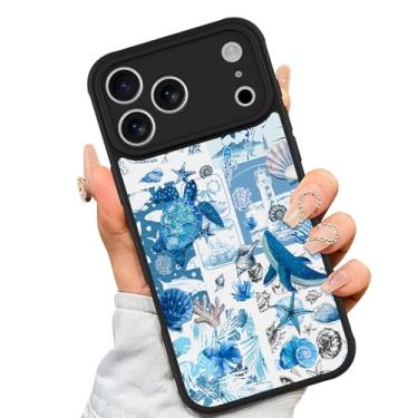 Imagem de AIGOMARA Capa feita para iPhone 17 Pro [compatível com MagSafe] design de padrão de colagem de tartaruga azul concha oceano macio TPU bumper hack PC traseira à prova de choque proteção fina capa