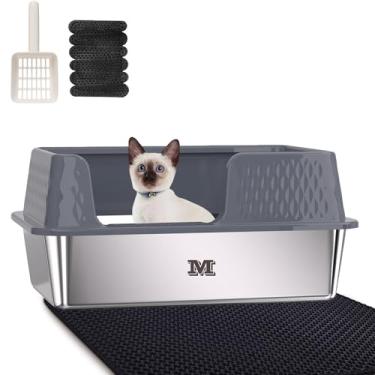 Imagem de Kexkyo Caixa de areia para gatos de aço inoxidável fechada com tampa caixa de areia média para bandeja de areia de metal gatinho com laterais altas e tapete de areia dentro, antiaderente