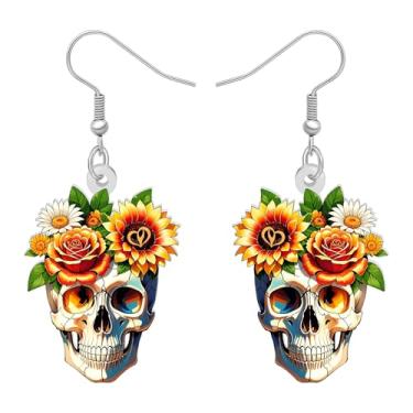 Imagem de DUOWEI Brincos com pingente de caveira assustadora Dia dos Mortos para mulheres, design de coroa de flor rosa, fantasia de Halloween gótica, acessórios de joias estranhas, Medium, Acrílico Aço