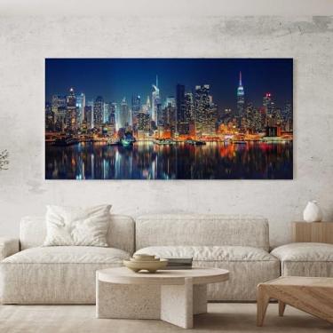 Imagem de Quadro Decorativo para Sala Quarto Hall 100x50 Cidade Nova York Noite NY Horizontal Grande Decoração Parede Tela