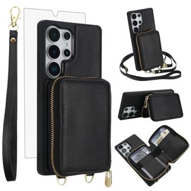 Imagem de Capa de celular para Samsung Galaxy S24 Ultra 5G carteira celular com protetor de tela de vidro temperado, alça transversal, cordão com bloqueio de RFID, suporte para cartão de crédito S24Ultra 24S S