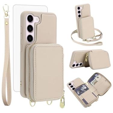 Imagem de Capa de celular para Samsung Galaxy S23 5G carteira com protetor de tela de vidro temperado, alça transversal, cordão com bloqueio de RFID, suporte para cartão de crédito S 23 23S GS23 G5 SM-S911U