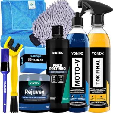Imagem de Kit Lavagem Completa Para Moto Carro Shampoo Moto-V Revitalizador de plasticos Rejuvex Cera Cristalizadora Tok Final Vonixx pneu Pretinho Vintex