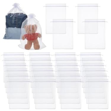 Imagem de DELORIGIN 50 sacos grandes de organza com cordão de 33,5 x 48 cm, saco de embalagem de malha branca a granel, sacos de presente com cordão, bolsa de rede transparente para festa, casamento, Natal