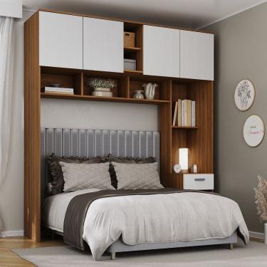 Imagem de Guarda-Roupa Solteiro Modulado Ponte Lugano 4 Portas 1 Gaveta Nogal/Branco - Hecol Móveis