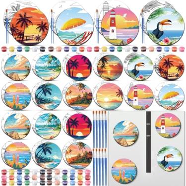 Imagem de Tellegloww 24 peças de mini tela pré-desenhada do Havaí de 7,6 cm com pincéis, tintas acrílicas pré-contornadas, painéis de tela de pintura redonda para projetos de artesanato de verão DIY