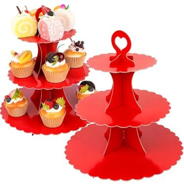 Imagem de Suporte de cupcake de 3 camadas, pacote com 2 unidades, suporte de bolo, torre, papel redondo, exibição de bolo, prato de servir para aniversário, batizado, suporte de confeitaria descartável para