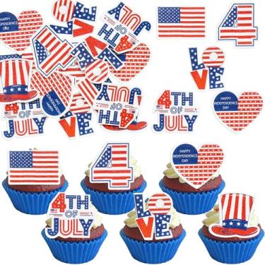 Imagem de Ephlyn 54Pcs Edible Happy Independence Day Cupcake Toppers Wafer Paper 4th of July American National Day Cake Toppers USA Cupcake Picks for Patriotic Theme Party Supplies Blue Red