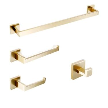 Imagem de Kit de acessórios de banheiro preto montado na parede, suporte de rolo de papel higiênico, gancho para casaco, conjunto de ferragens douradas escovadas, preto 4 peças (ouro escovado 4 peças)